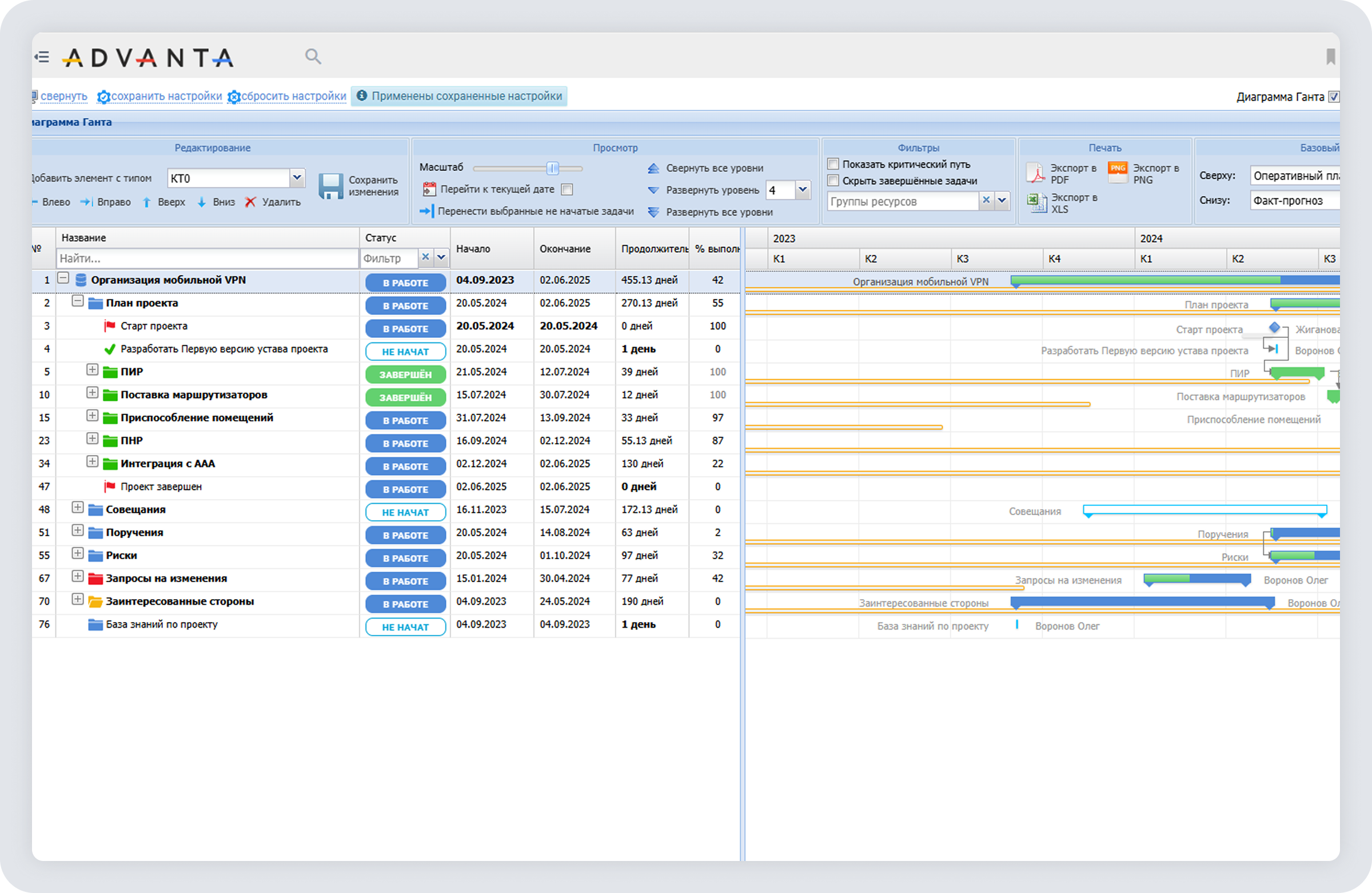 Планирование проектов в ADVANTA