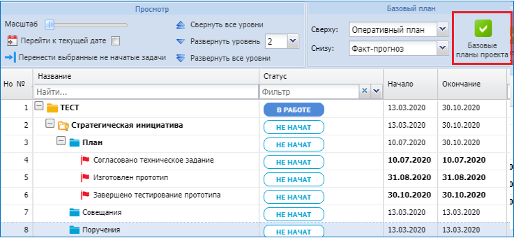 Рис.1. Сохранение сроков промежуточных результатов в системе ADVANTA